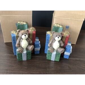 Vintage Christmas Present Teddy Bears Tapered Candle Holders set of 2